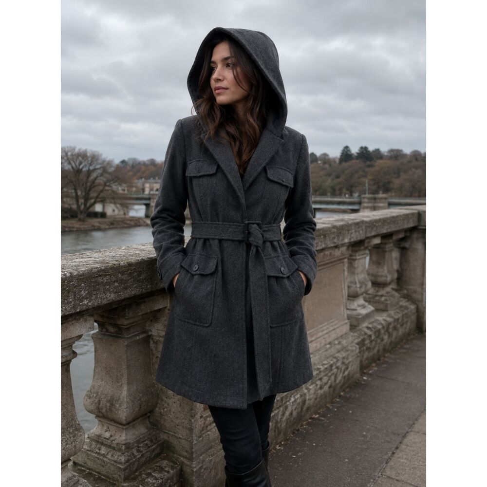 Braetan 60% Wool Hooded Belted Coat Women's XS Charcoal Gray Winter Long Coat